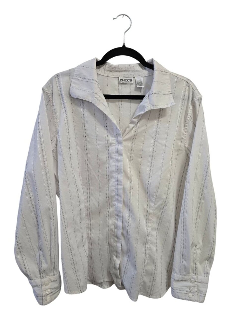 Chicos White Long Sleeve Button-Up Shirt With Metallic Stripes Size 3 Business